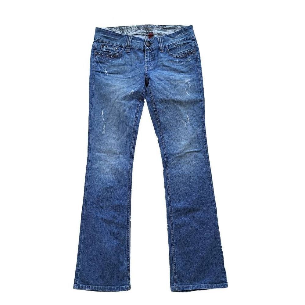 Guess Women's Low Rise Distressed Mid Wash Boot Cut Blue Denim Jeans Size 29